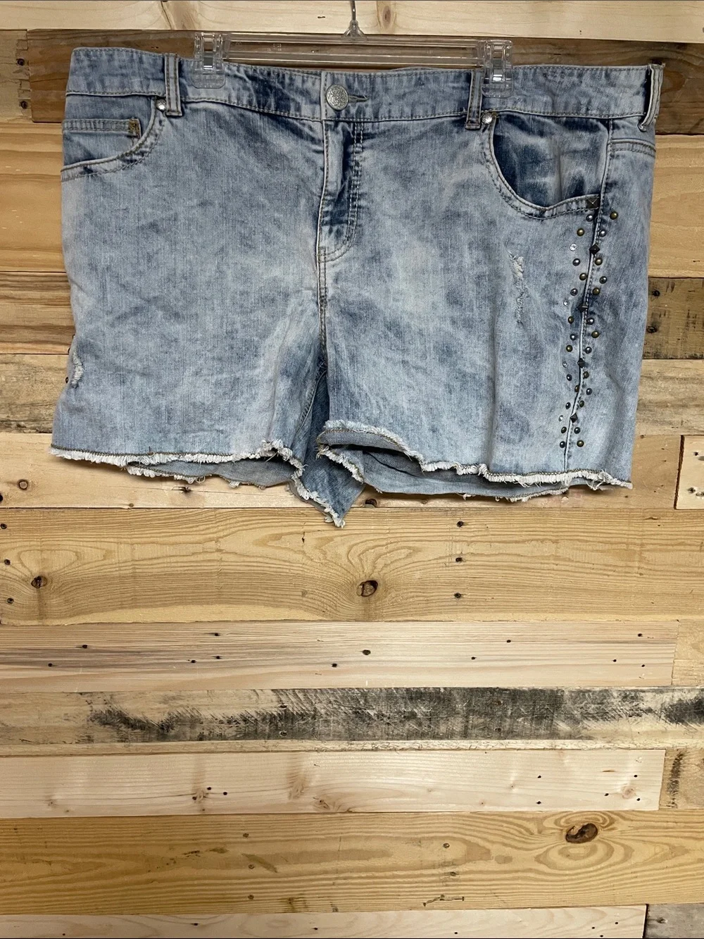 Maurices size 24 Light Blue Distressed Jean Short with Stud and Gem Detail Sides